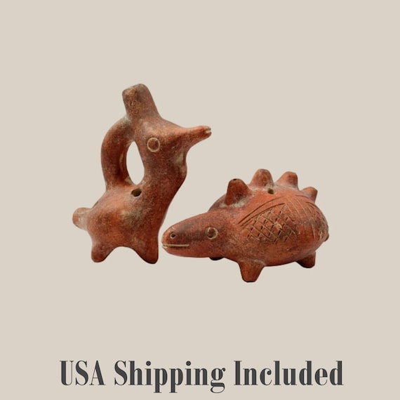 Vintage CLAY OCARINAS Pre-Columbian Style Pair Bird and Armadillo