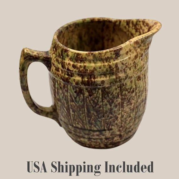 Antique Spongeware Pitcher Large YELLOW WARE Barrel Jug