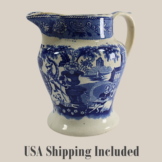 Transferware Pottery Pitcher English Blue and White