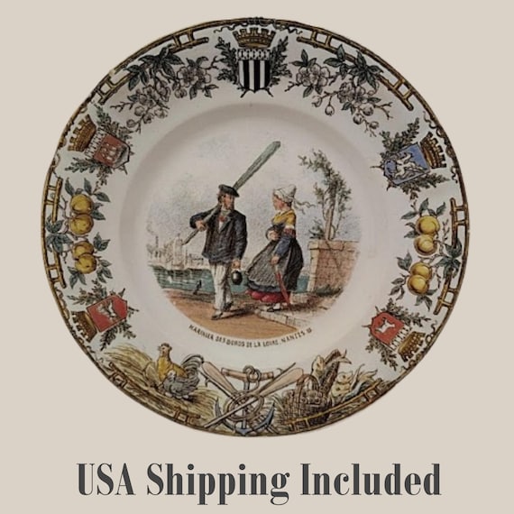 Antique FRENCH SARREGUEMINES PLATE Types Bretons Pattern