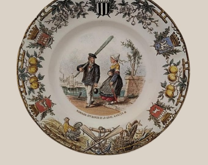 Antique FRENCH SARREGUEMINES PLATE Types Bretons Pattern