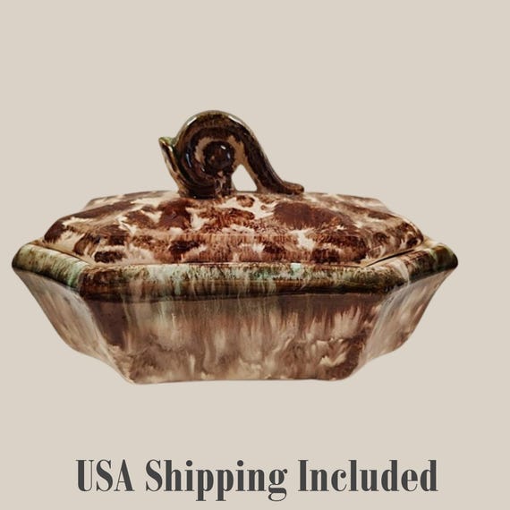 Antique Pottery Lidded Box Sponged Glaze