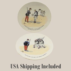 ANTIQUE SARREGUEMINES FRANCE Pottery Plates by Utzschneider 1875-1900 French Army Illustrations by Artist Albert Guillaume
