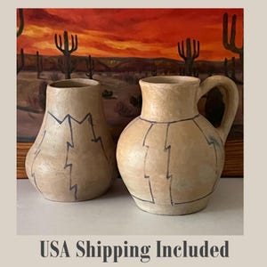 Vintage SOUTHWEST JAR and PITCHER Hand Coiled Buff Clay Hand Painted Line Designs