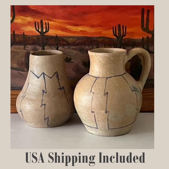 SOUTHWEST JAR and PITCHER Hand Coiled with Hand Painted Designs