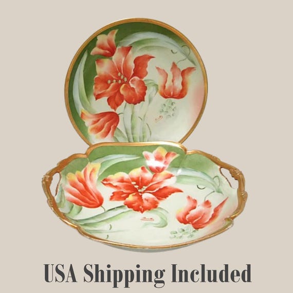ANTIQUE LIMOGES Bowl and Plate Set 1910s by Mandavy de Mavaleix Painted by Barathé