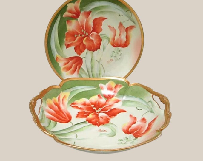 ANTIQUE LIMOGES Bowl and Plate Set 1910s by Mandavy de Mavaleix Painted by Barathé