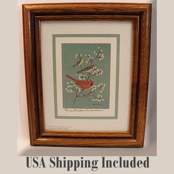 Birds Lithograph Framed with Handwritten Dedication by Anne Worsham Richardson
