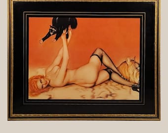 Vargas Pin-up Print Redhead with Black Cat