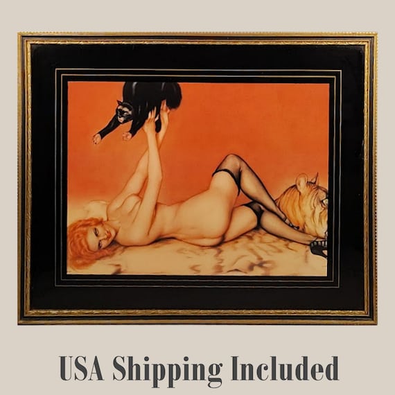 Vargas Pin-up Print Redhead with Black Cat