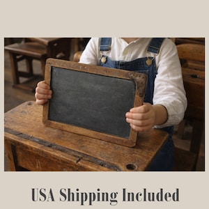 ANTIQUE SLATE BLACKBOARD Pine Framed 10" by 14" with Leather Make-Do Repair Great Primitive