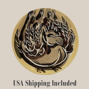 Vintage Art Pottery Plate by PAT CUSTER DENISON &quot;Fat Dove&quot; Signed Dated 1979 Michigan Artist