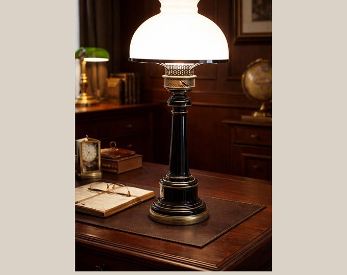 Electric Lamp Vintage Enameled Black and Gold with Milk Glass Shade