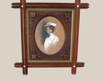 ANTIQUE FRAMED LITHOGRAPH 1906 Gibson Girl Overpainted by Alice Luella Fidler 1906 in Cross Corners Frame