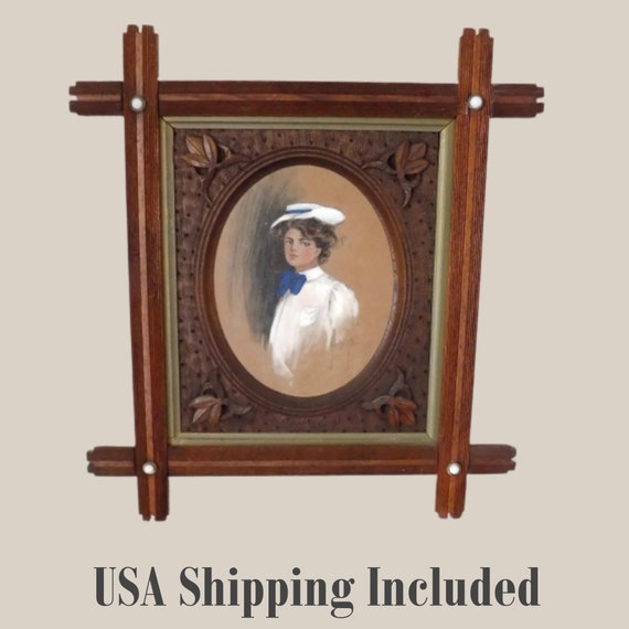 ANTIQUE FRAMED LITHOGRAPH 1906 Gibson Girl Overpainted by Alice Luella Fidler 1906 in Cross Corners Frame