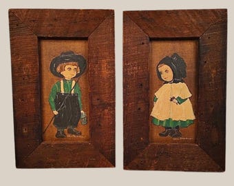 Pennsylvania Folk Art Framed Amish Children Paintings