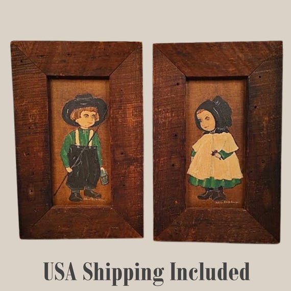 Vintage Pair DOLORES HACKENBERGER Oils on Canvas Framed Amish Children Lancaster PA