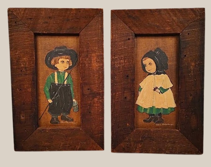 Pennsylvania Folk Art Framed Amish Children Paintings