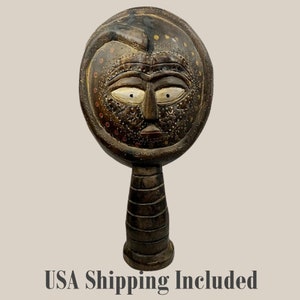 Vintage AFRICAN CARVED STATUE Tall Wood and Metal Face with Snake