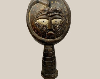 Vintage AFRICAN CARVED STATUE Tall Wood and Metal Face with Snake