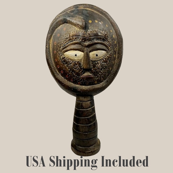 Vintage AFRICAN CARVED STATUE Tall Wood and Metal Face with Snake