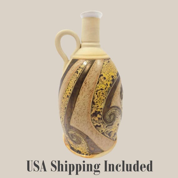 Vintage ART POTTERY JUG Vase Hand Made Carved Painted Metallic Designs Marked