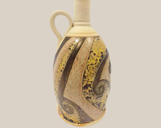 Vintage ART POTTERY JUG Vase Hand Made Carved Painted Metallic Designs Marked