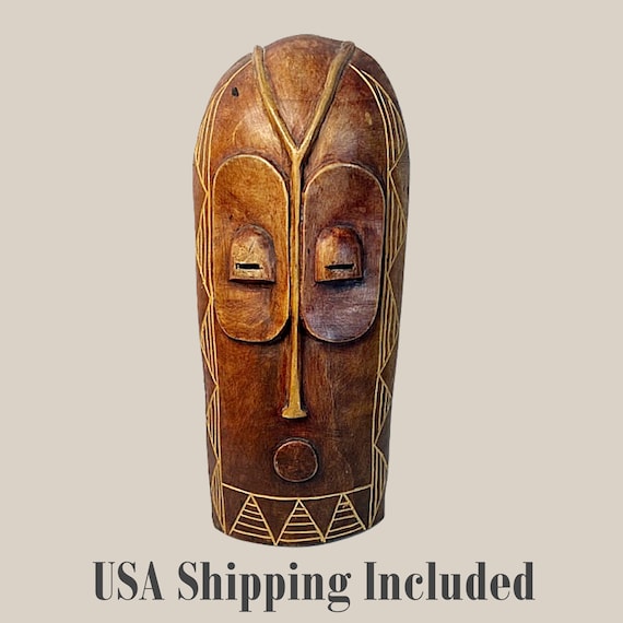 Vintage African Carved Wood Wall Mask 19 Inches Tall
