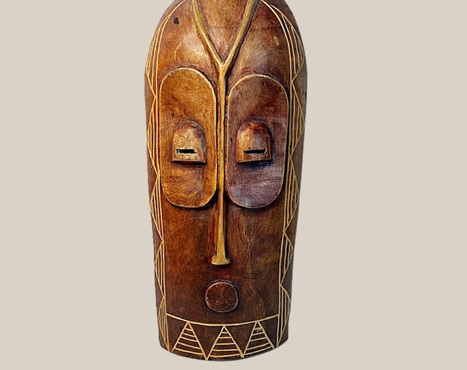 Vintage African Carved Wood Wall Mask 19 Inches Tall