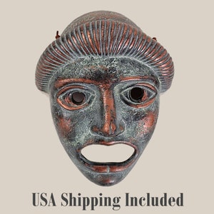 Vintage GREEK POTTERY MASK Terracotta Face Verdigris Green