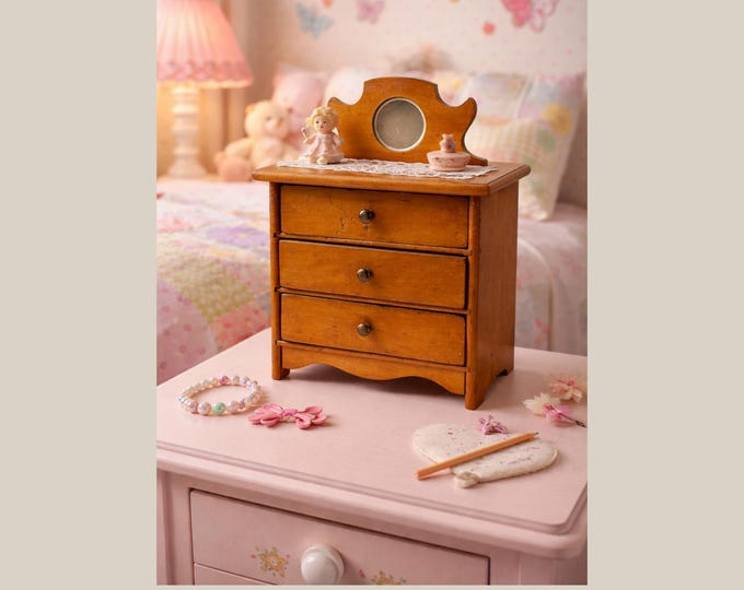 Antique Doll Chest of Drawers 11 Inches Tall Solid Wood with Mirror Handmade Wisconsin
