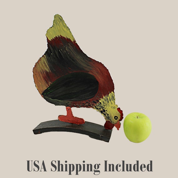 Vintage PAINTED IRON DOORSTOP Folk Art Pecking Chicken Two-Sided