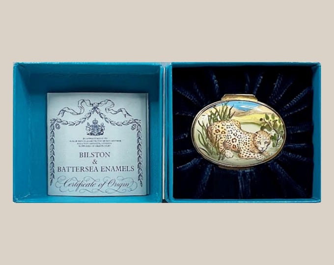 Vintage HALCYON DAYS BOX English Enamel Leopard Motif All Original