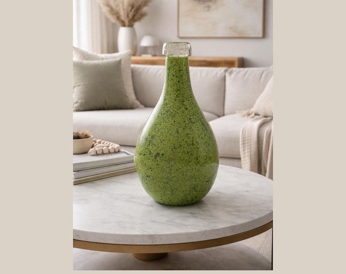 Art Glass Tall Green Handblown Bottle