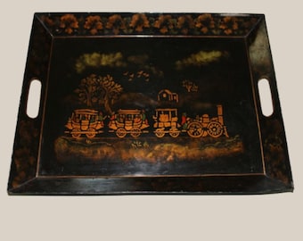 New York Steam Train Tole Painted Tray