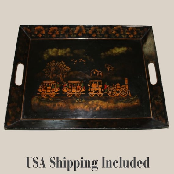 New York Steam Train Tole Painted Tray