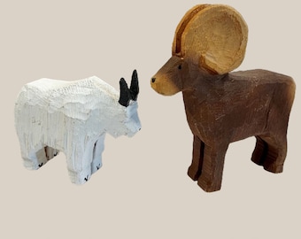 Vintage Chain Saw Carvings by DENNIS SULLIVAN Large Wooden Folk Art Goat and Sheep 1996