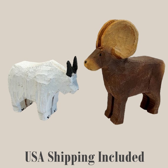 Vintage Chain Saw Carvings by DENNIS SULLIVAN Large Wooden Folk Art Goat and Sheep 1996