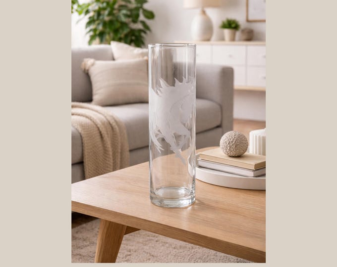 Art Glass Tall Vase with Etched Unicorn Perry Coyle