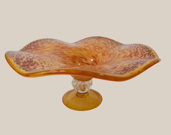 Vintage ITALIAN GLASS Pedestal Bowl Hand Blown Orange Gold and Amber