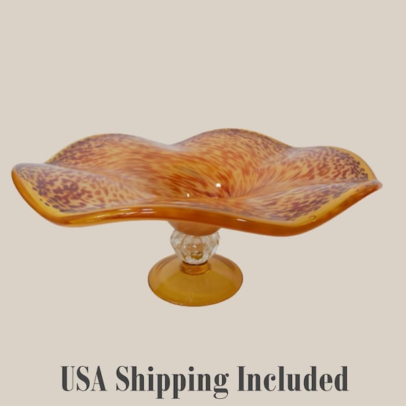 Vintage ITALIAN GLASS Pedestal Bowl Hand Blown Orange Gold and Amber
