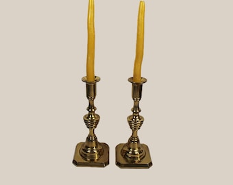 Vintage 1930s English Beehive Candlesticks Heavy Solid Brass Pair with Label and Mark