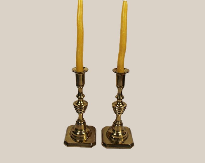 Vintage 1930s English Beehive Candlesticks Heavy Solid Brass Pair with Label and Mark