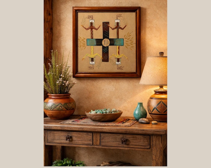 Vintage NAVAJO SAND PAINTING by R.M. Lee Large Framed Signed Native American Art