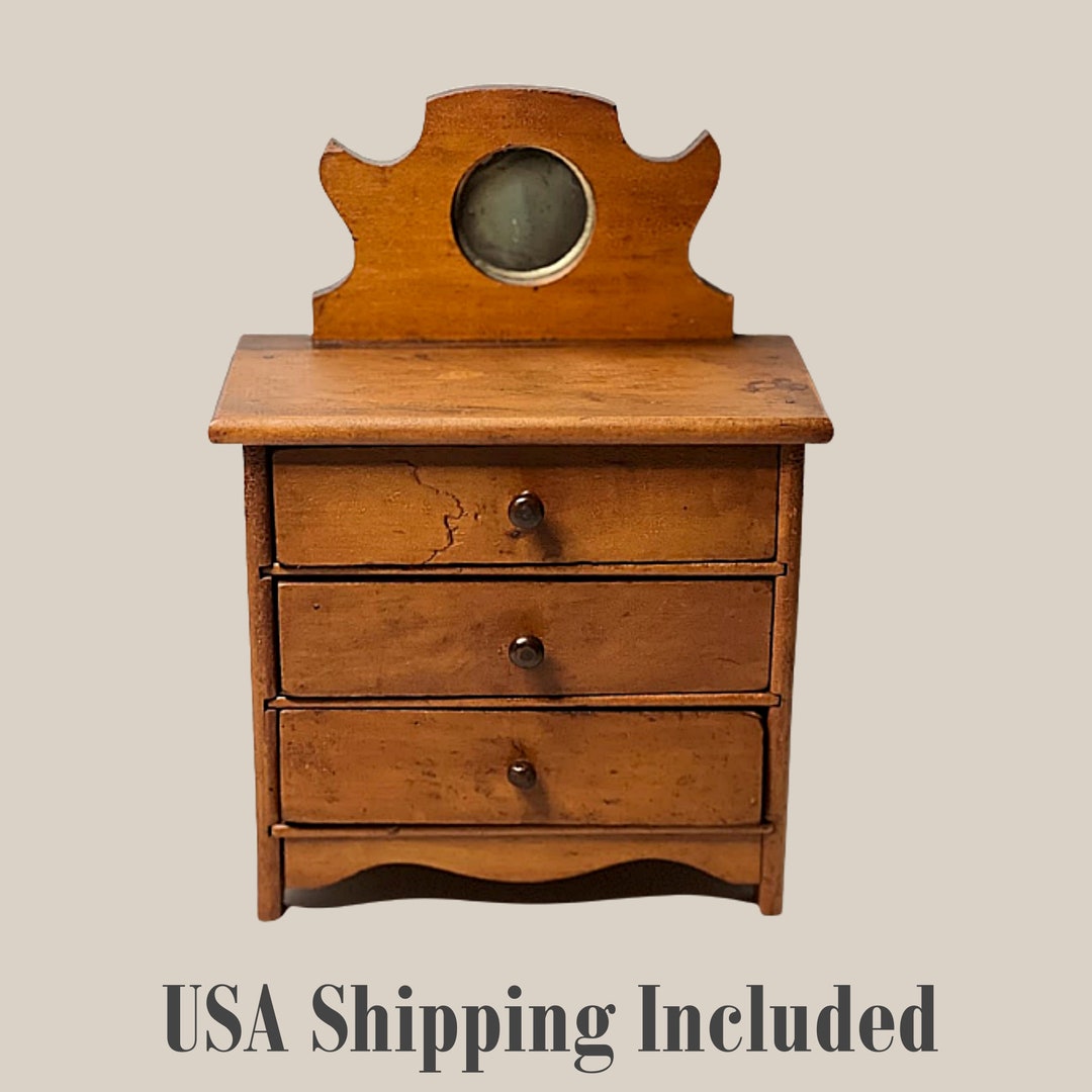 Antique Doll Chest of Drawers 11 Inches Tall Solid Wood With Mirror