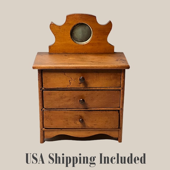 Antique Doll Chest of Drawers 11 Inches Tall Solid Wood with Mirror Handmade Wisconsin