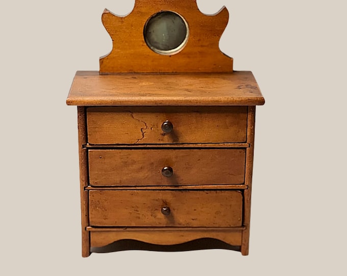 Antique Doll Chest of Drawers 11 Inches Tall Solid Wood with Mirror Handmade Wisconsin