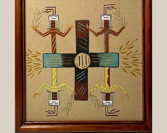 Vintage NAVAJO SAND PAINTING by R.M. Lee Large Framed Signed Native American Art