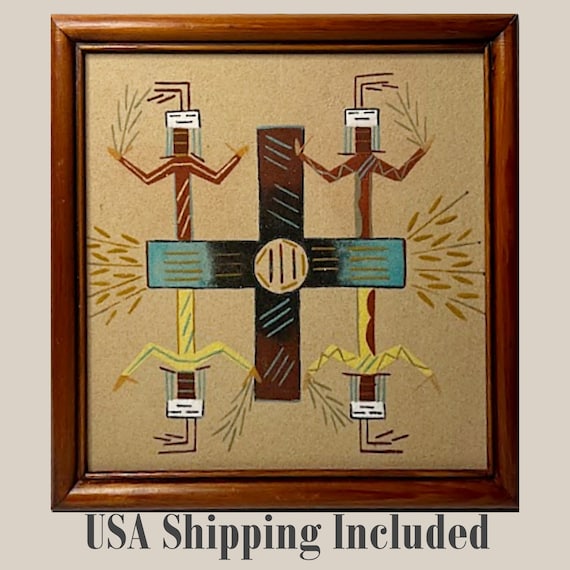 Vintage NAVAJO SAND PAINTING by R.M. Lee Large Framed Signed Native American Art