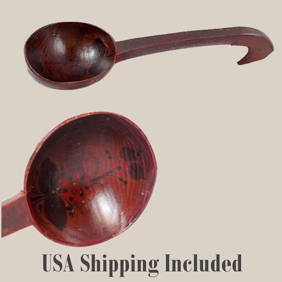 Antique 1800s Wooden Ladle Painted and Carved